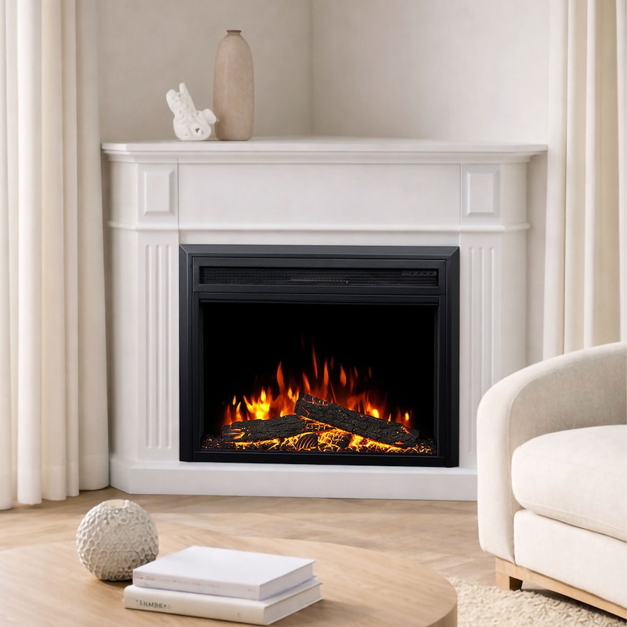 Rene White Corner Mantel Electric Fireplace Suite with 30" Moonlight Insert