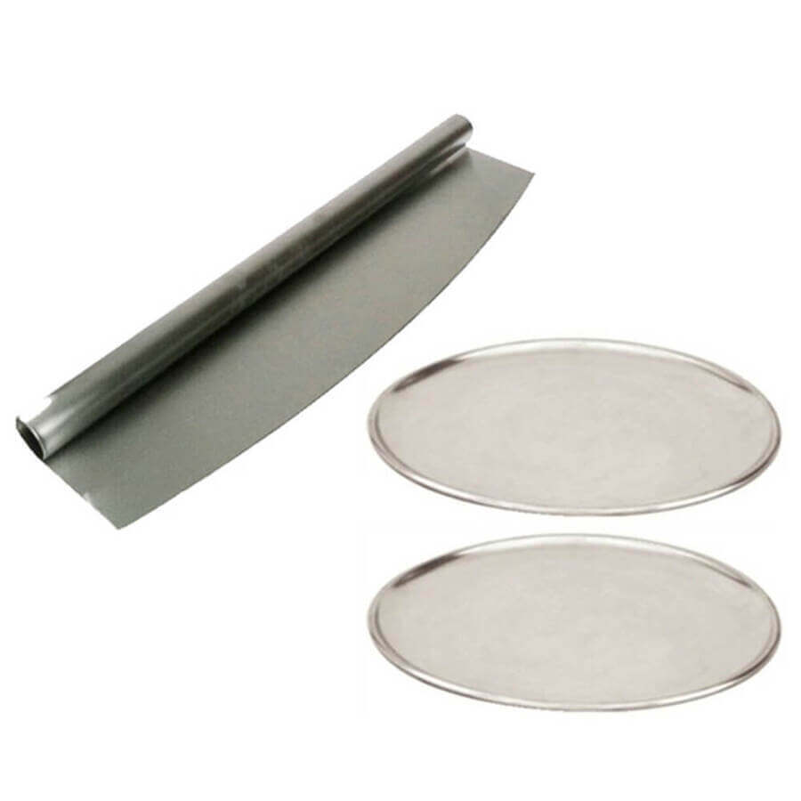 2 x 250mm Round Pizza Trays & Large Pizza Cutter Rocker
