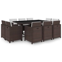11 Piece Outdoor Dining Set with Cushions Poly Rattan Brown vidaXL