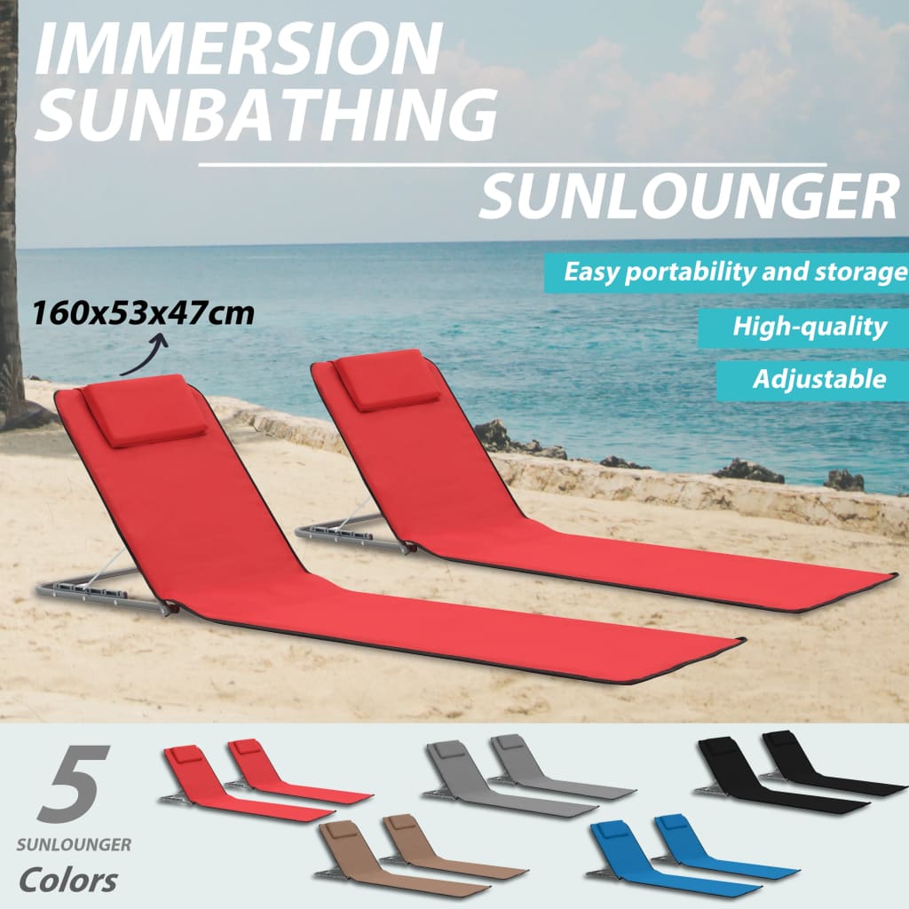 2x Folding Beach Mats Steel and Fabric Lounger Holder Multi Colours