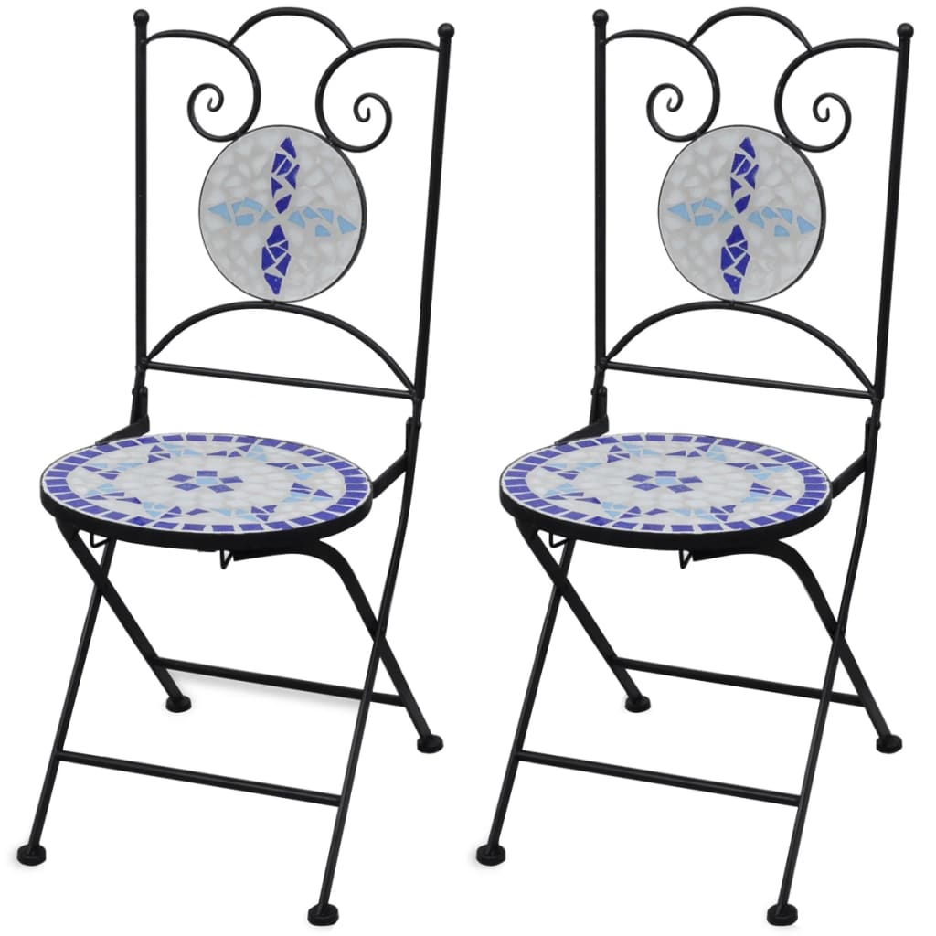 Pair of Mosaic Tiled Chairs Ceramic Blue and White Outdoor Patio Bistro Porch