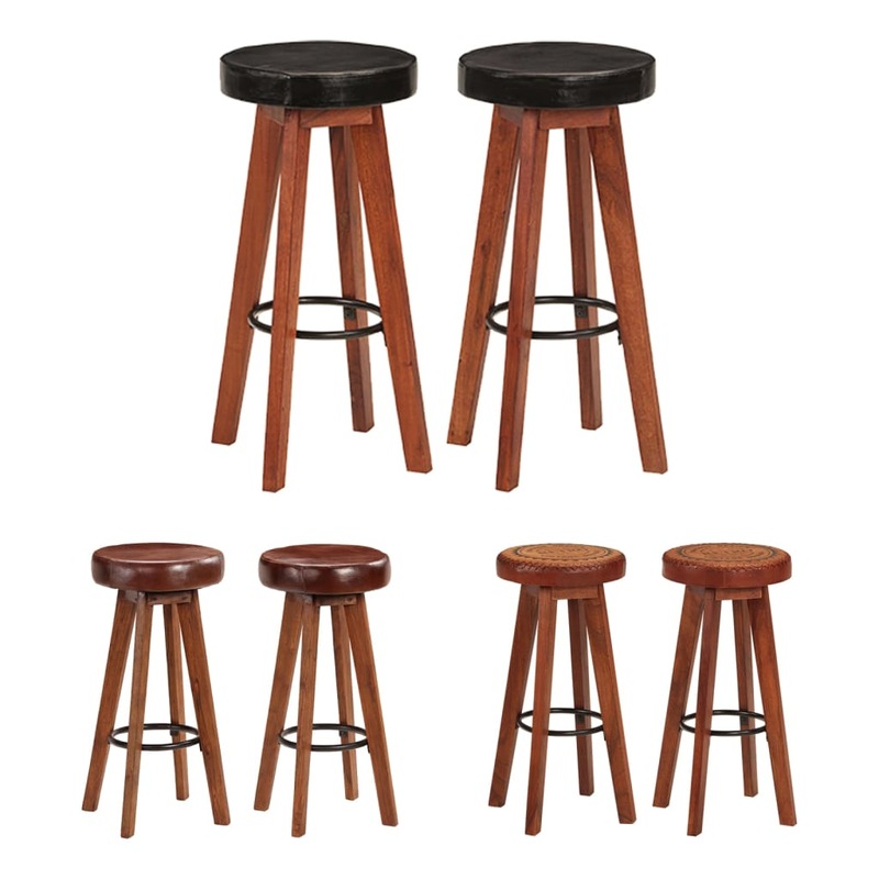Buy 2x Solid Wood Acacia Bar Stools Real Leather Counter Seat Multi