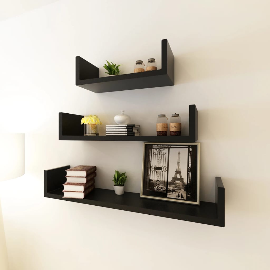 3 Black MDF U-shaped Floating Wall Display Shelves Book/DVD Storage vidaXL