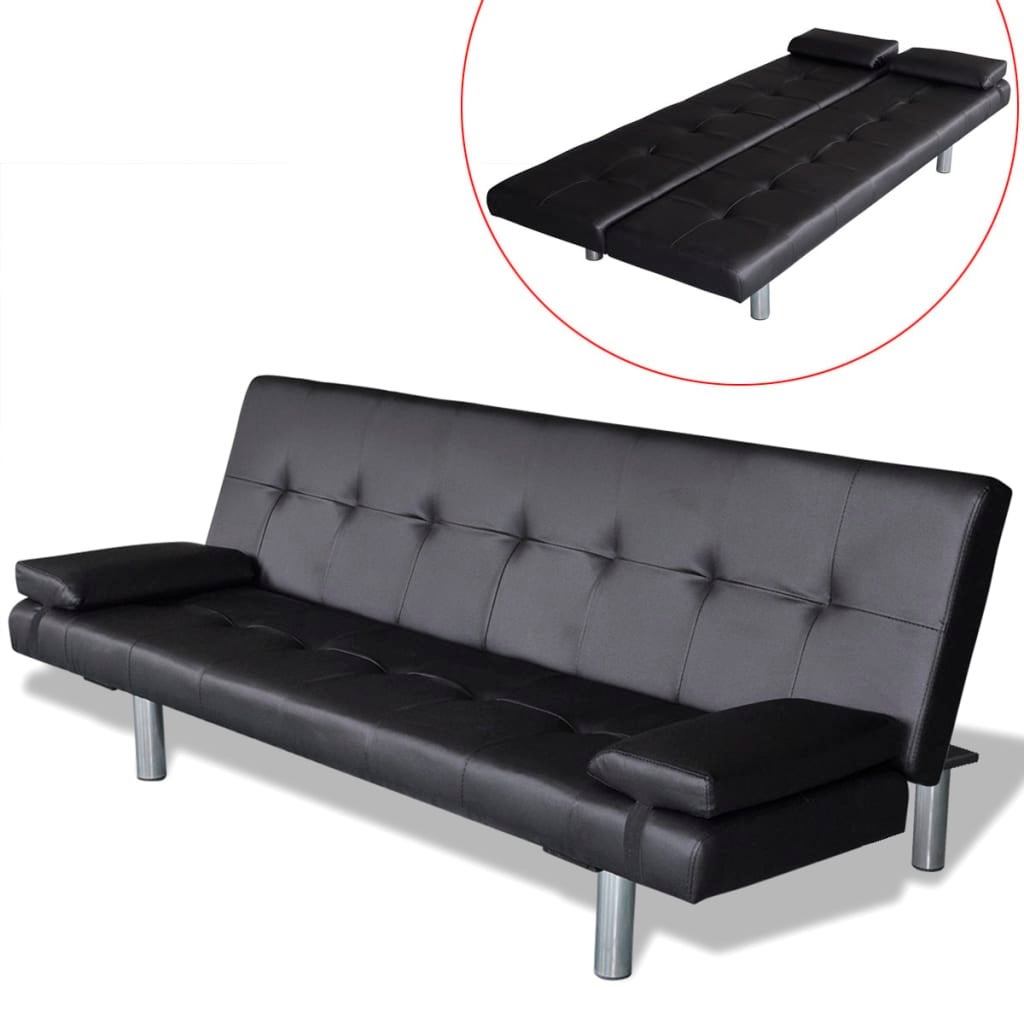 Sofa Bed with Two Pillows Black Faux Leather Couch Chaise Recliner