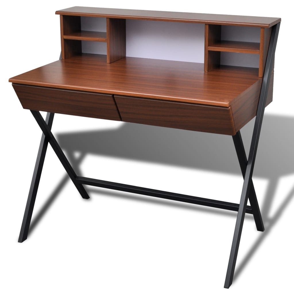 Computer Desk Brown with 2 Drawer Home Office Student Table Bookshelf