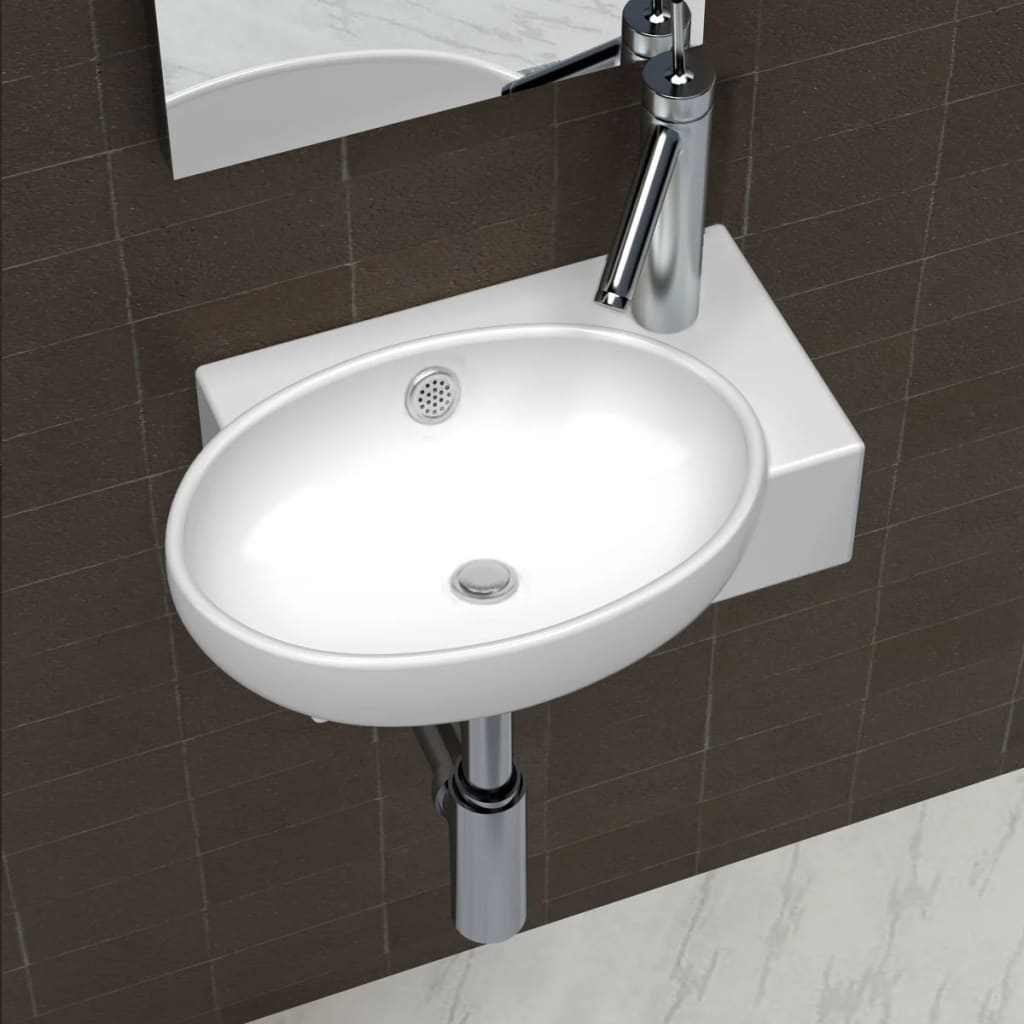 Ceramic Sink Basin Faucet & Overflow Hole Bathroom White vidaXL