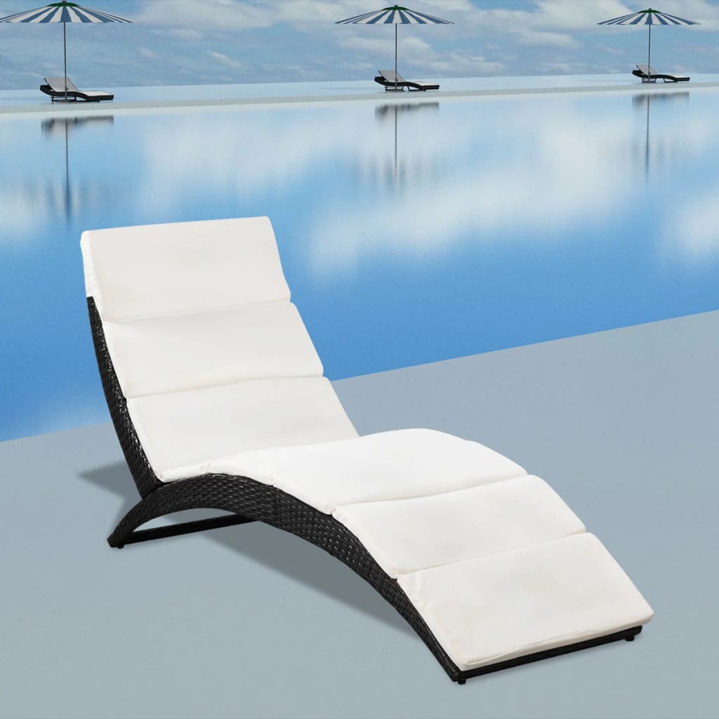 Folding Sun Lounger with Cushion Poly Rattan Black vidaXL