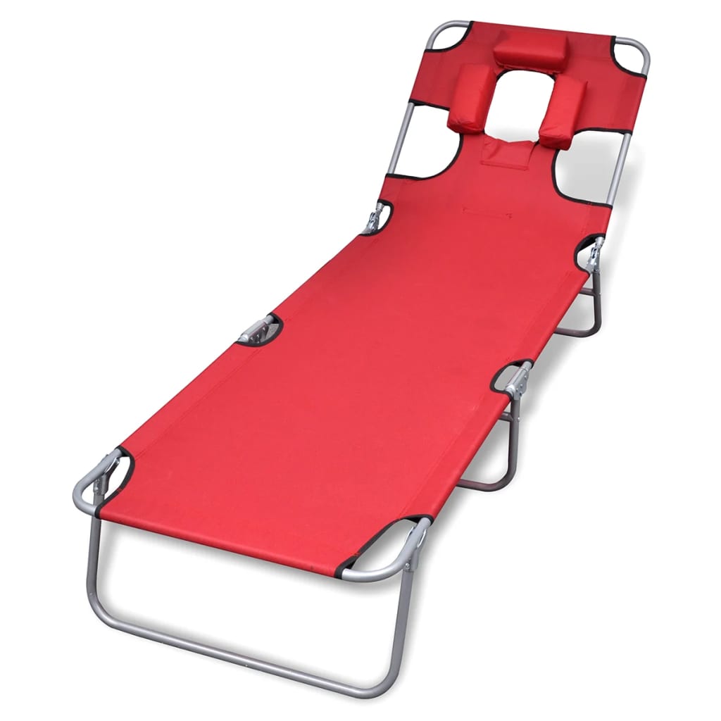 Folding Sun Lounger with Head Cushion Powder-coated Steel Red vidaXL