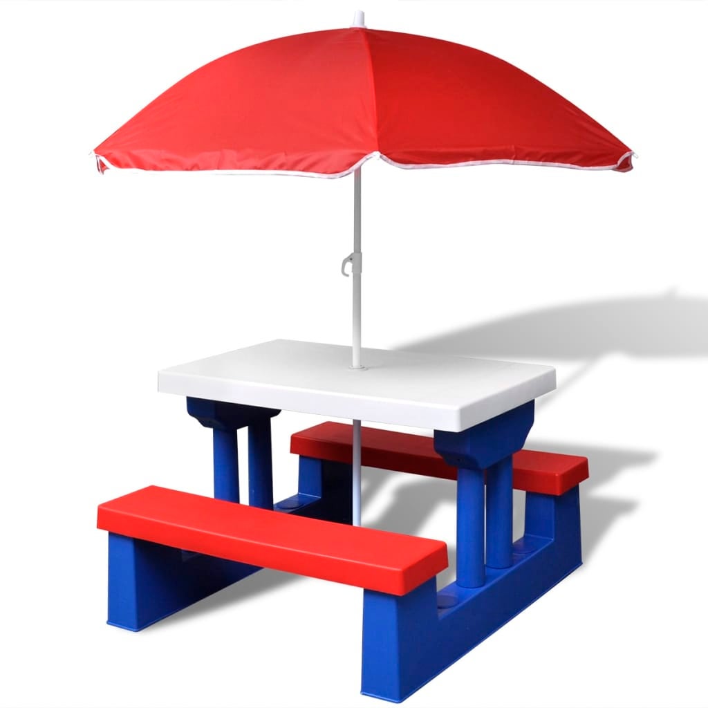 Kids' Picnic Table with Benches and Parasol Multicolour vidaXL