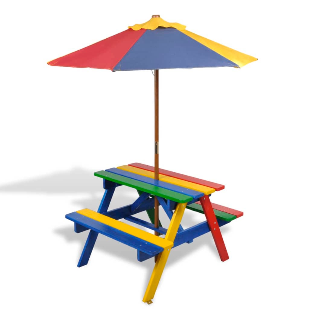 Kids' Picnic Table with Benches and Parasol Multicolour Wood vidaXL
