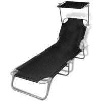 Folding Sun Lounger with Canopy Steel and Fabric Black vidaXL