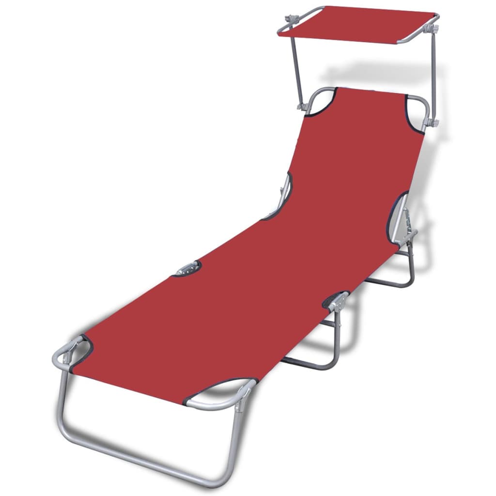 Folding Sun Lounger with Canopy Steel and Fabric Red vidaXL