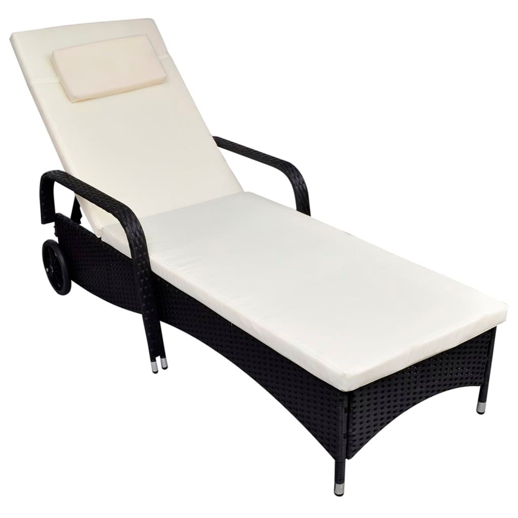 Sunlounger with Cushion 2 Wheels Poly Rattan Black Outdoor Bed Recliner