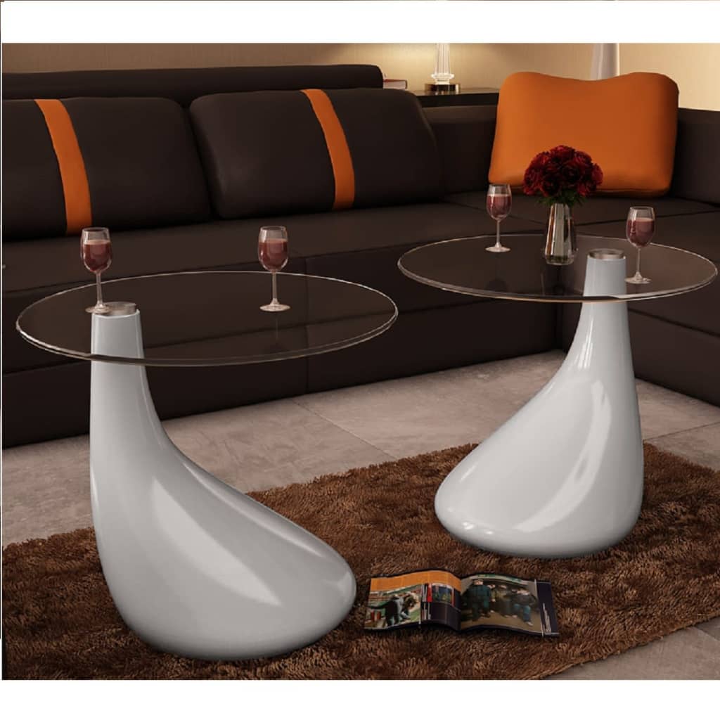 Coffee Table 2 pcs with Round Glass Top High Gloss White vidaXL
