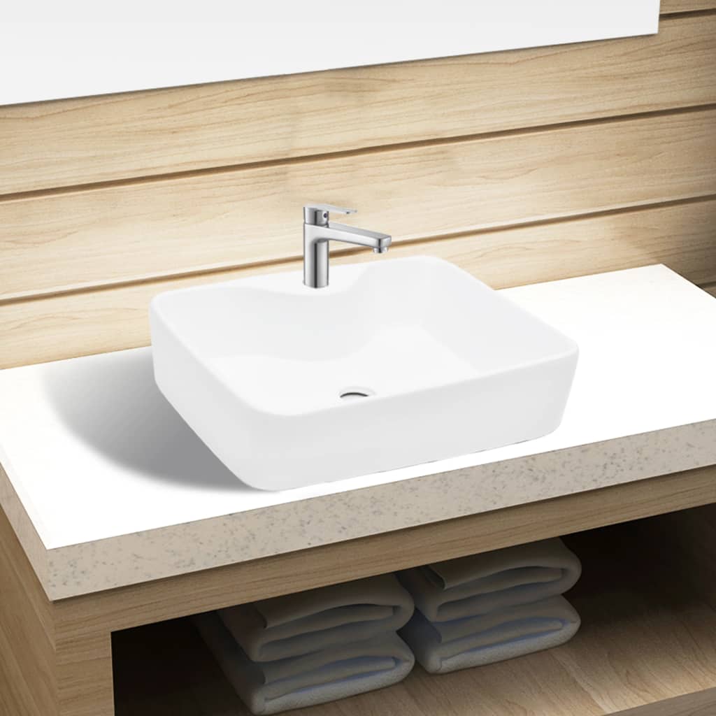 Ceramic Bathroom Sink Basin with Faucet Hole White Square vidaXL