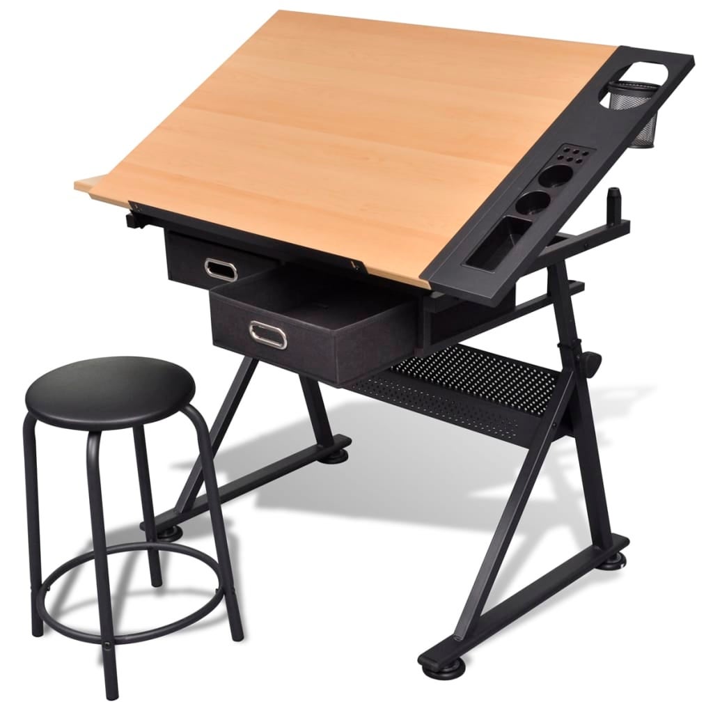 Two Drawers Tiltable Tabletop Drawing Table with Stool vidaXL