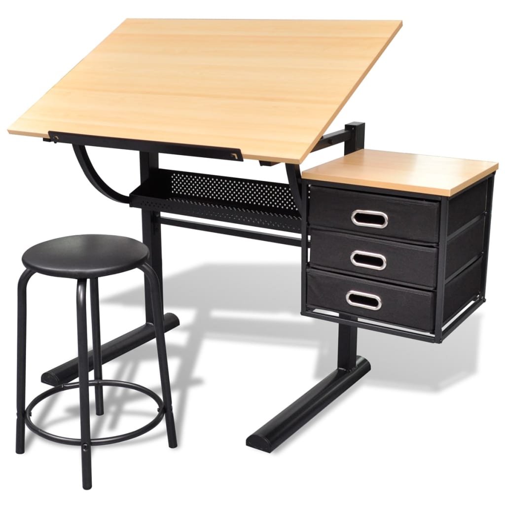 Three Drawers Drawing Table with Stool vidaXL