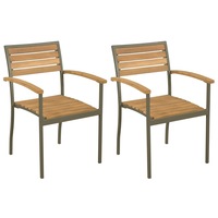 2x Solid Acacia Wood Steel Outdoor Stacking Dining Chairs Garden Seat