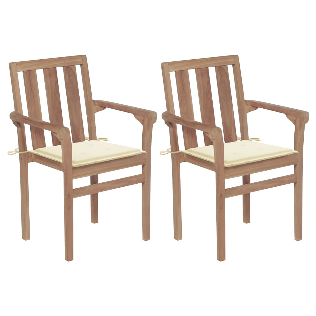 2x Solid Teak Wood Garden Chairs with Grey Cushions Patio Furniture