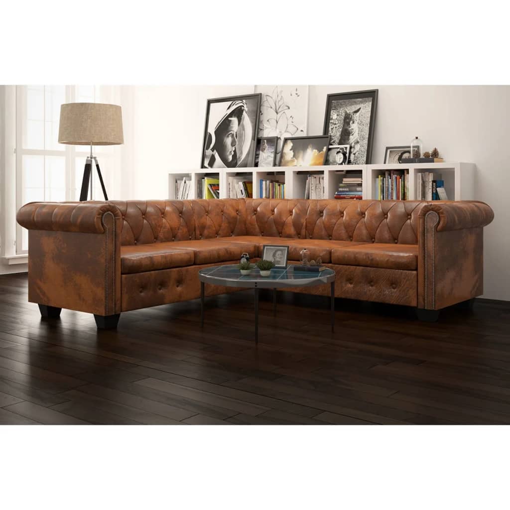 Chesterfield Corner Sofa 5-Seater Artificial Leather Brown vidaXL