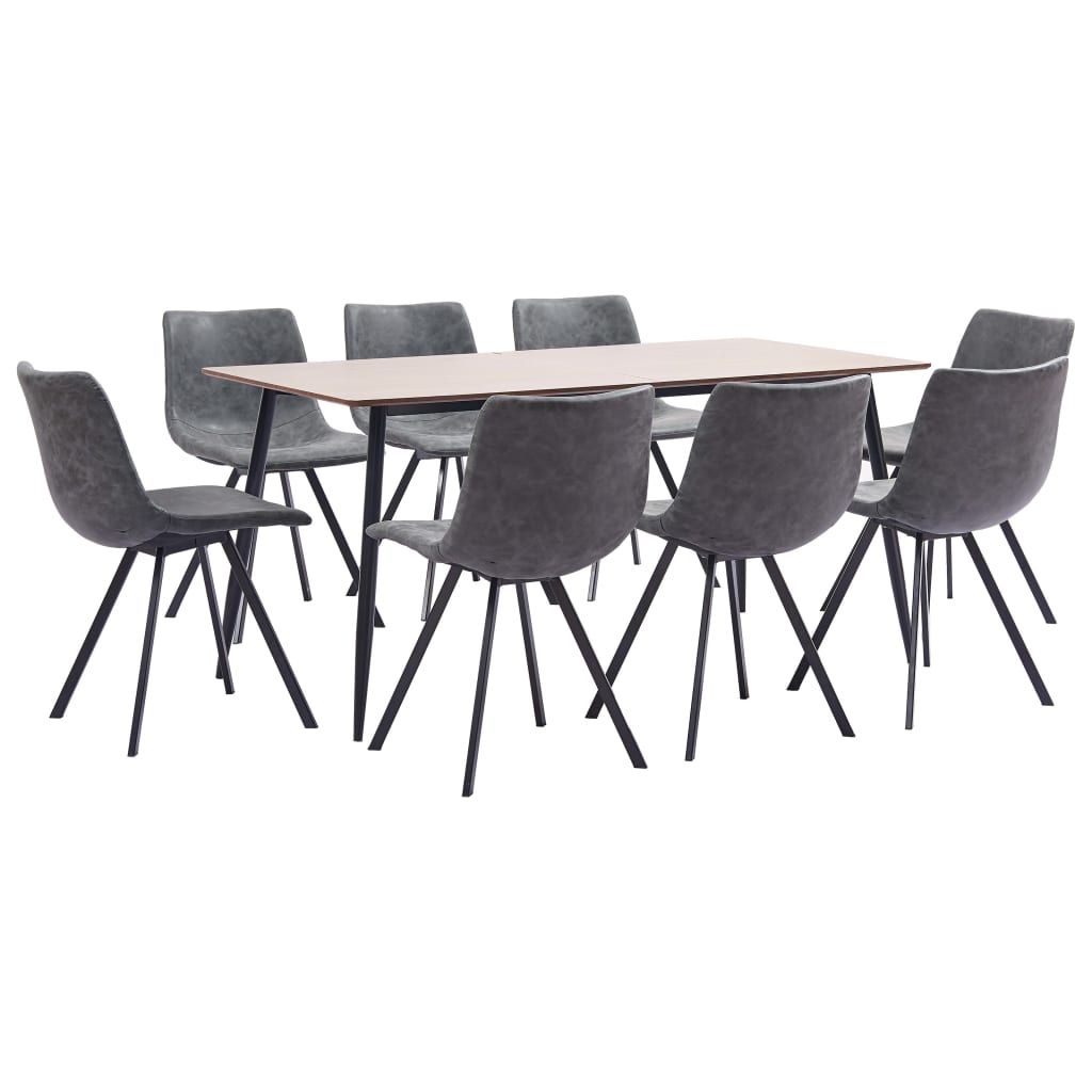 9 Piece Dining Set Grey Faux Leather Dinner Room Kitchen Table Chair