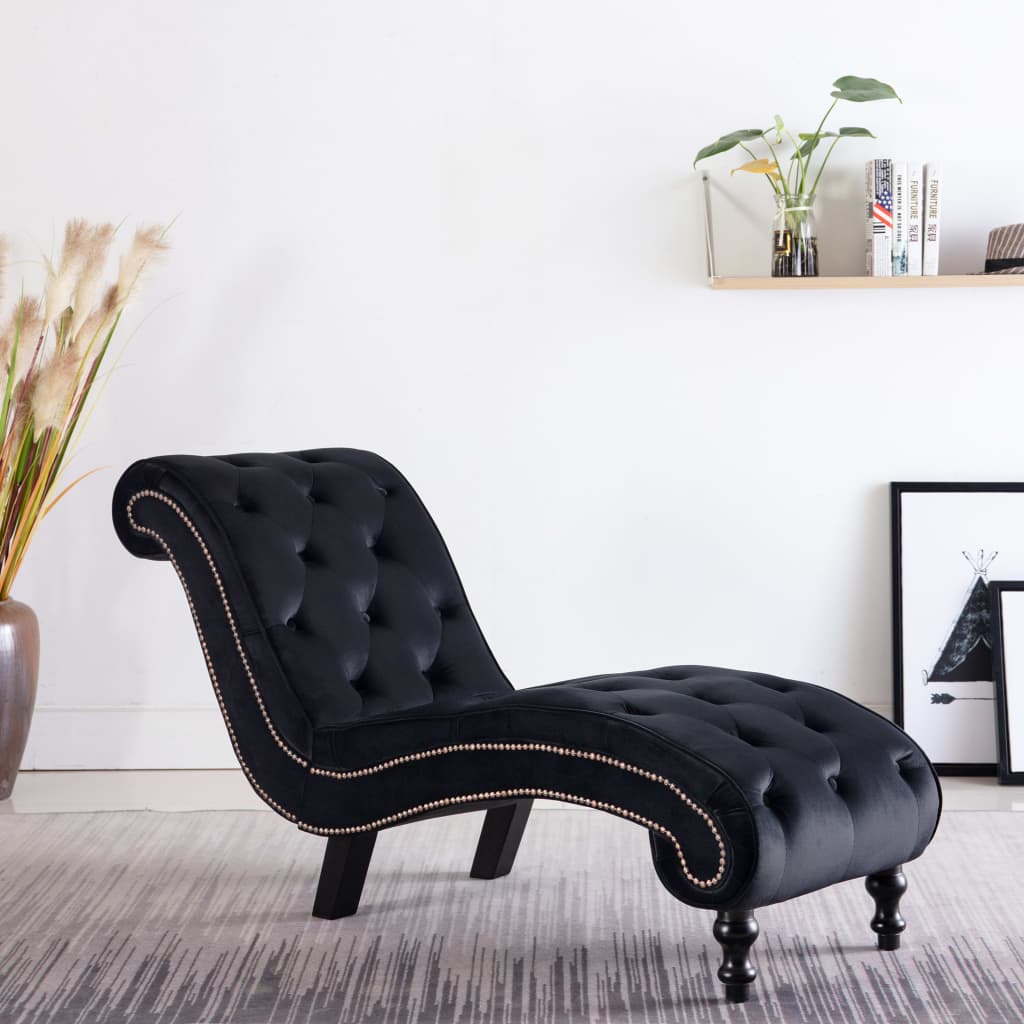 Chaise Lounge Black Velvet Thick Padded Bedroom Sleeper Lounge Sofa