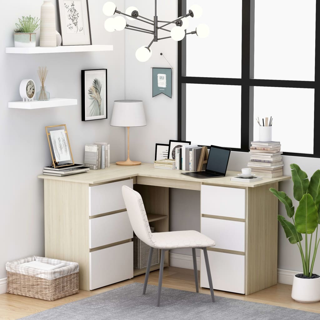 Corner Desk White and Sonoma Oak 145cm Chipboard Bedroom Furniture