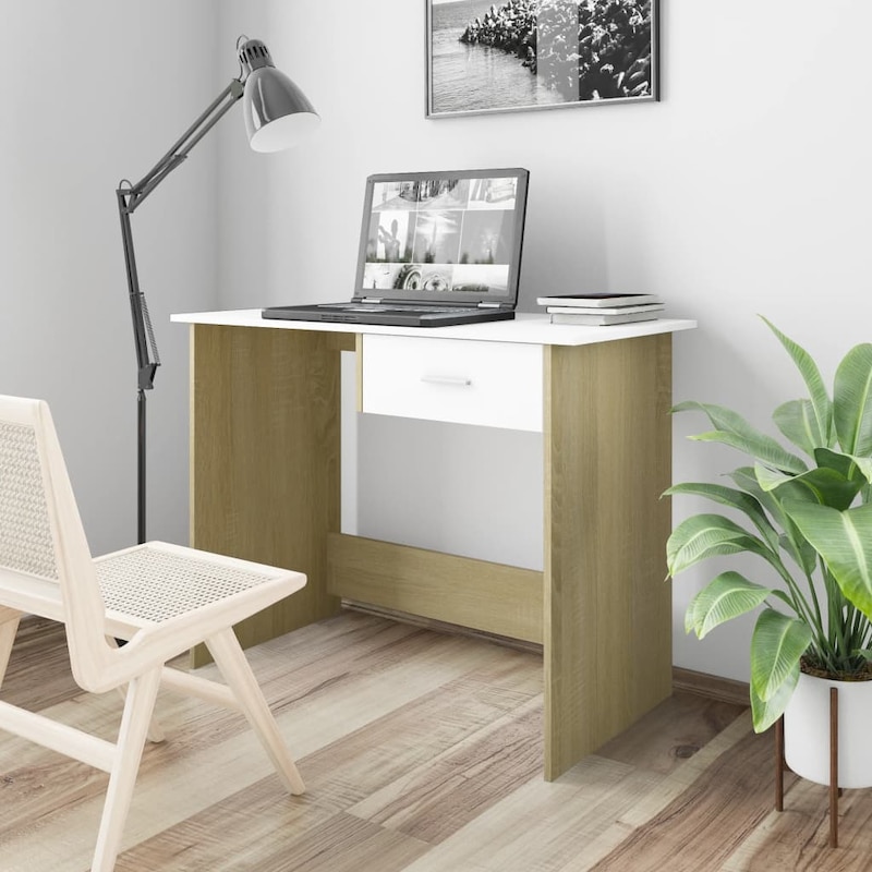 Buy Desk White and Sonoma Oak 100x50x76 cm Engineered Wood - MyDeal