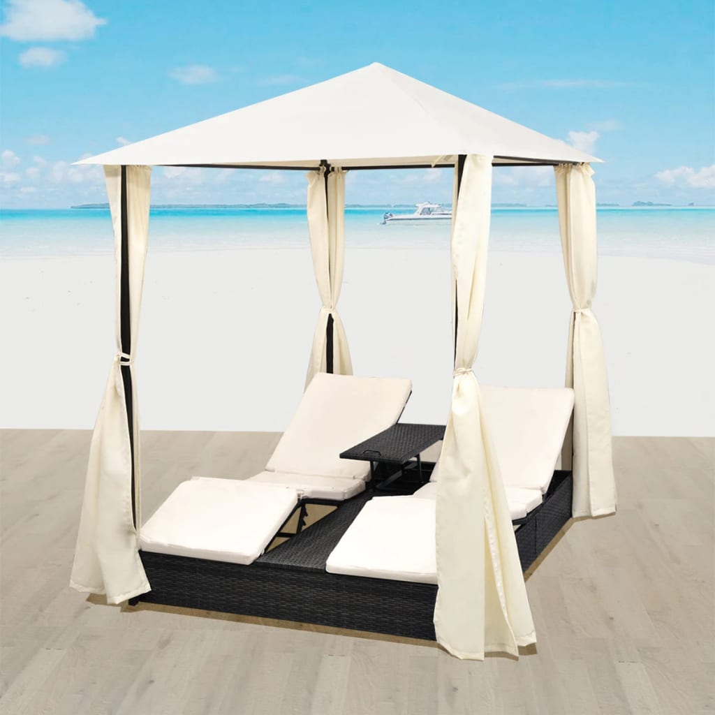 Double Sun Lounger with Curtains Poly Rattan Black vidaXL