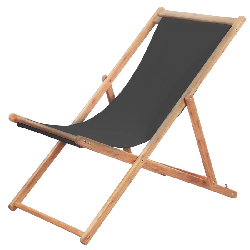 vidaXL Folding Beach Chair Fabric and Wooden Frame Grey Garden Sun ...