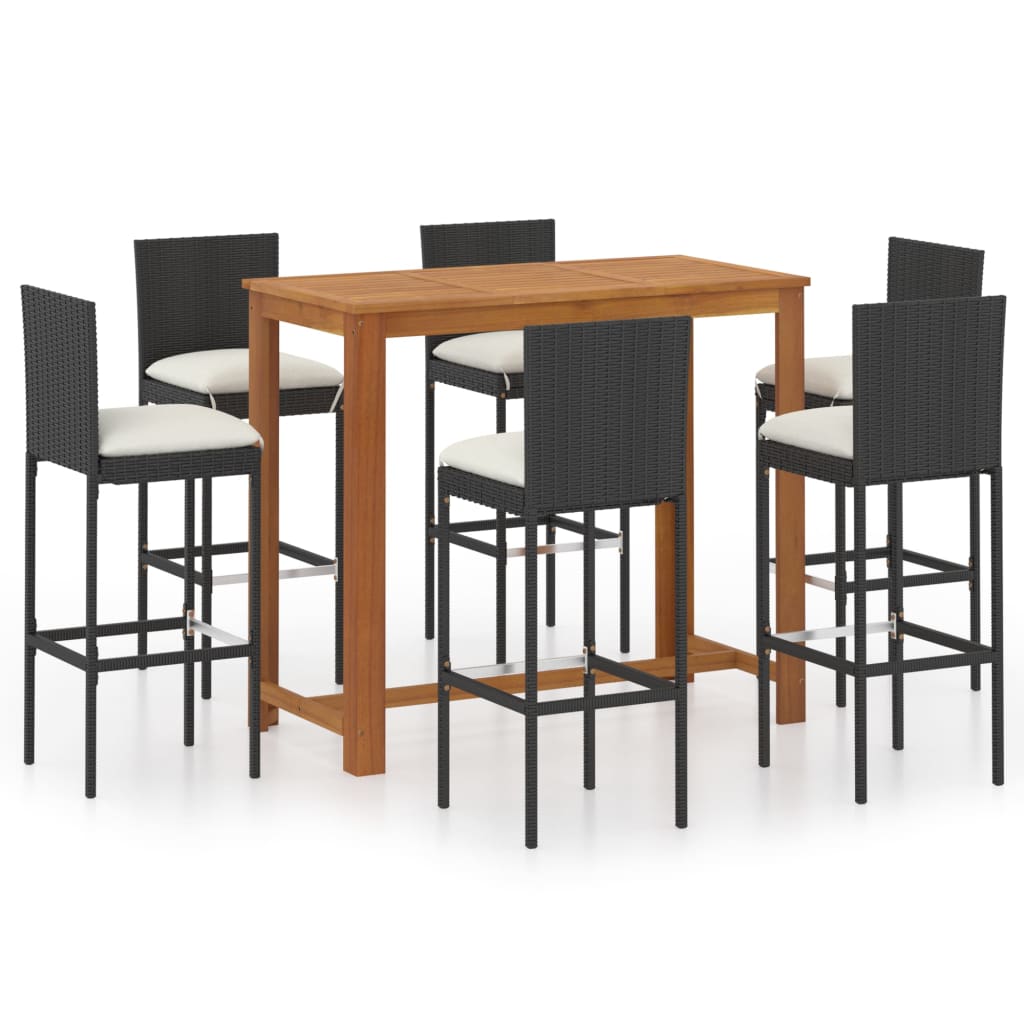 Garden Bar Set 7 Piece with Cushions Black Table and Stool Furniture