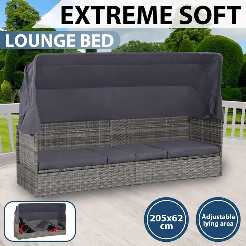 Garden Bed with Canopy Grey 205x62 cm Poly Rattan MyDeal