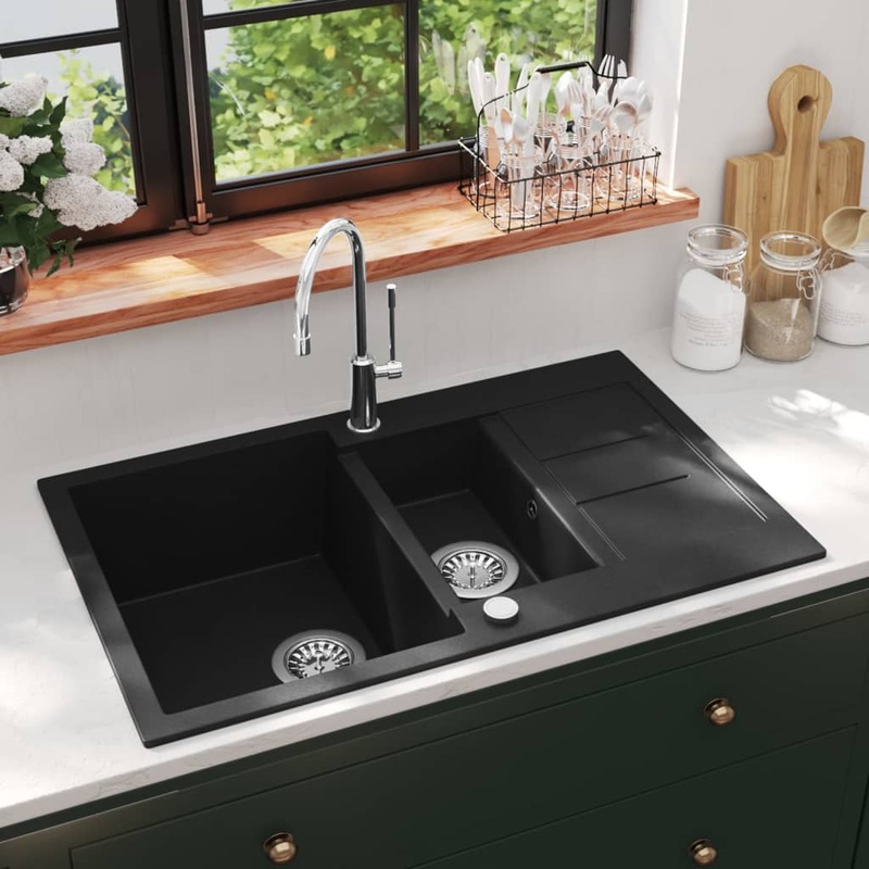 Buy Granite Kitchen Sink Double Basin Black vidaXL MyDeal
