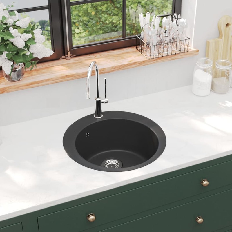 Buy Granite Kitchen Sink Single Basin Round Black vidaXL MyDeal