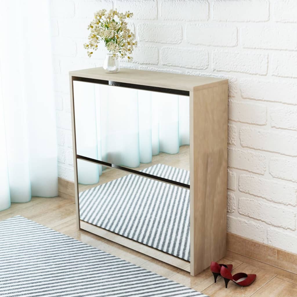 Shoe Cabinet 2-Layer Mirror Oak 63x17x67 cm vidaXL