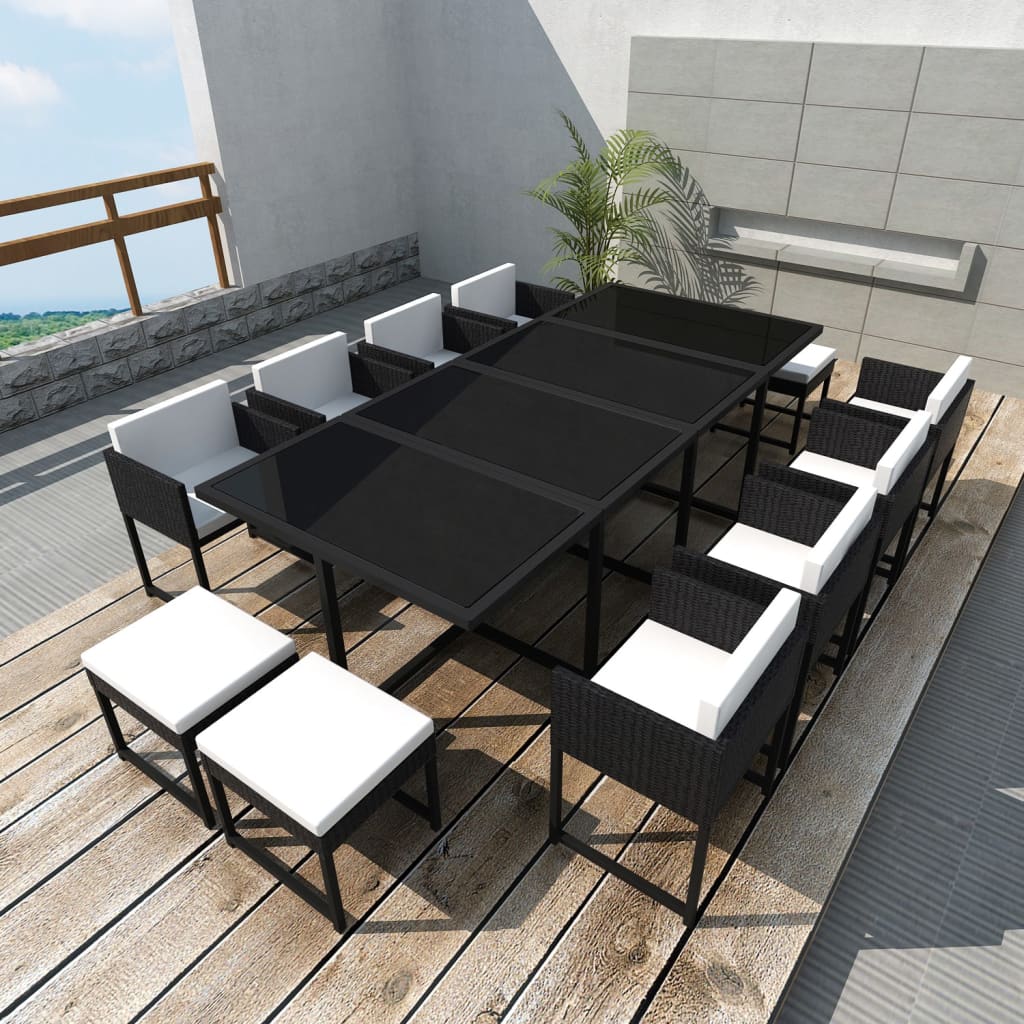 13 Piece Outdoor Dining Set with Cushions Poly Rattan Black vidaXL