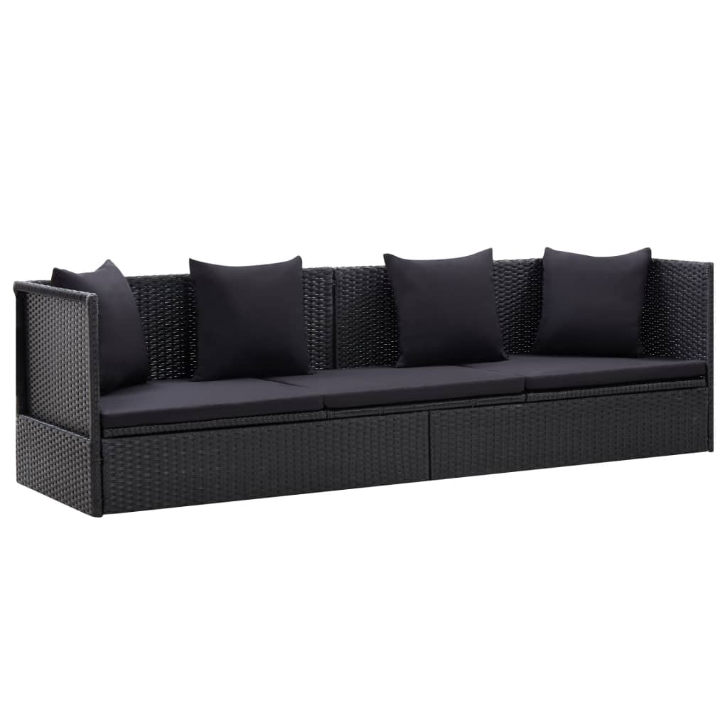 Garden Bed with Cushion and Pillow Poly Rattan Black vidaXL