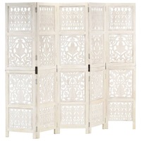 Hand carved 5-Panel Room Divider White 200x165 cm Solid Mango Wood vidaXL