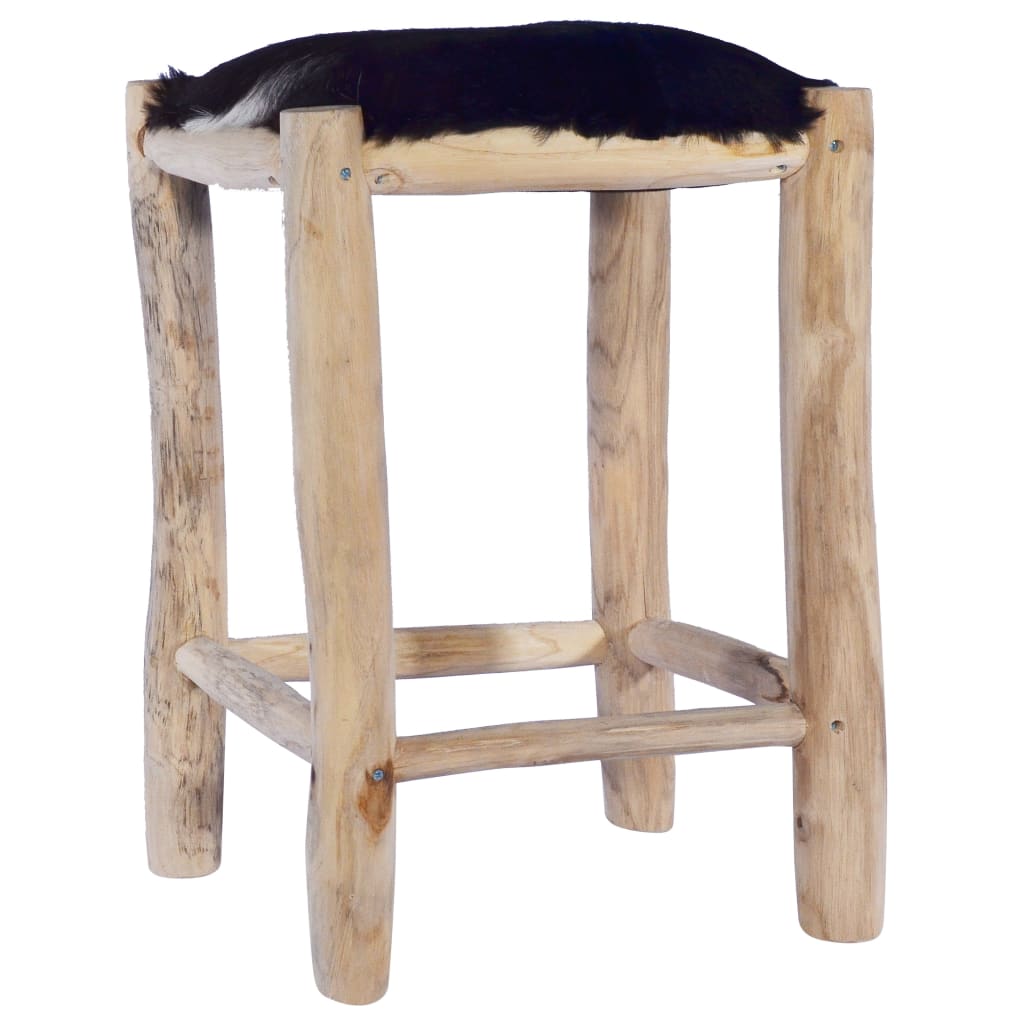 Solid Teak Wood Bar Stool Real Goat Leather Bar Chair Wooden Seating