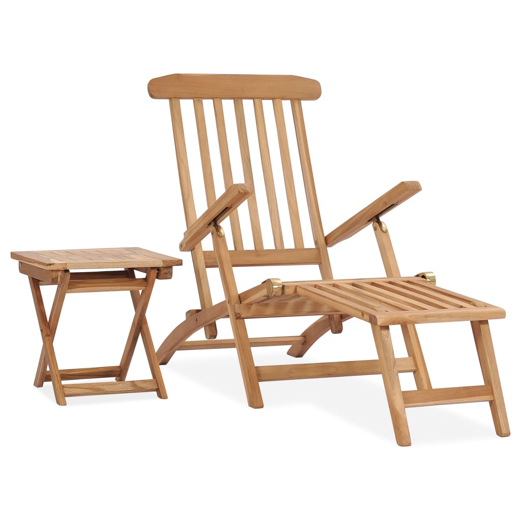Solid Teak Wood Garden Deck Chair with Footrest&Table Sunbed Sunlounger