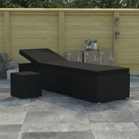Sun Lounger with Cushion and Tea Table Poly Rattan Black vidaXL