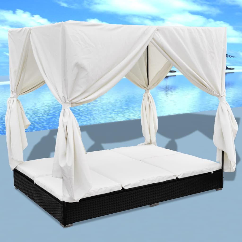 Outdoor Lounge Bed with Curtains Poly Rattan Black vidaXL