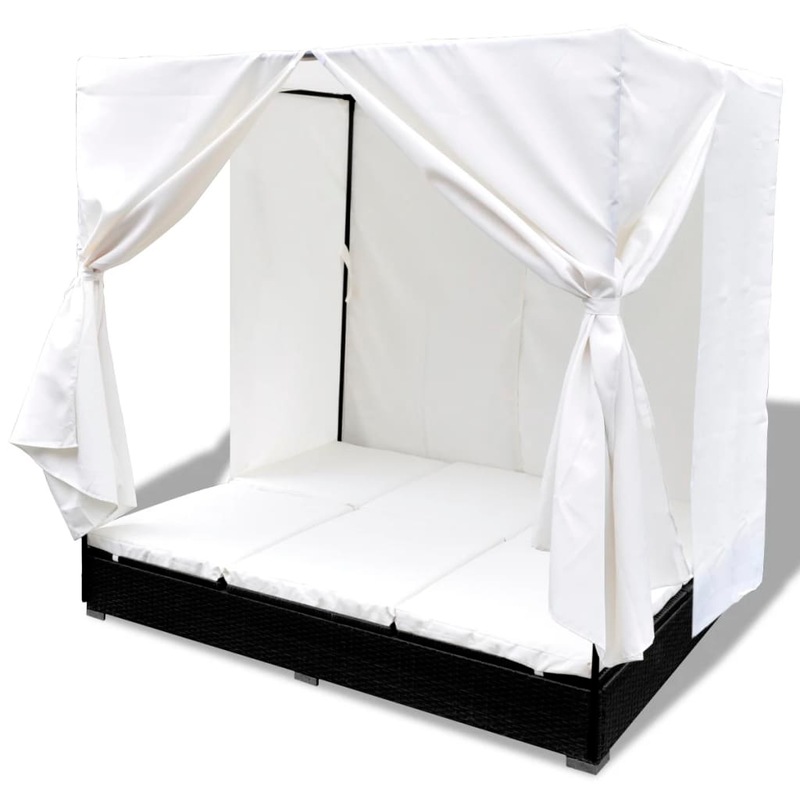 Buy Outdoor Lounge Bed with Curtains Poly Rattan Black vidaXL MyDeal