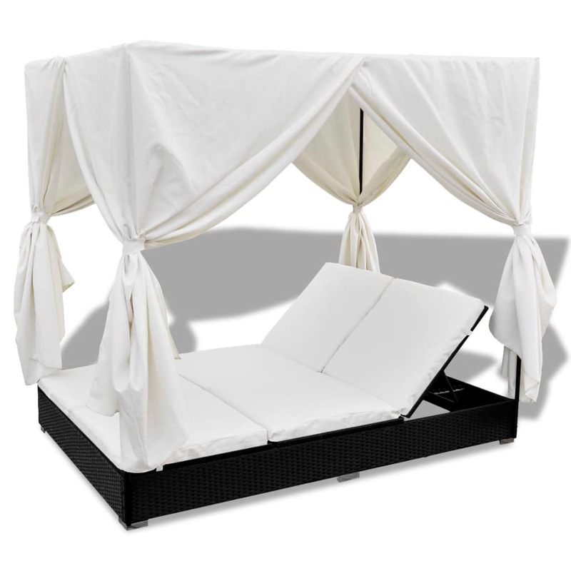 Buy Outdoor Lounge Bed with Curtains Poly Rattan Black vidaXL MyDeal