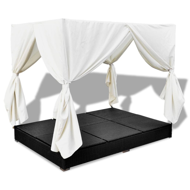 Buy Outdoor Lounge Bed with Curtains Poly Rattan Black vidaXL MyDeal