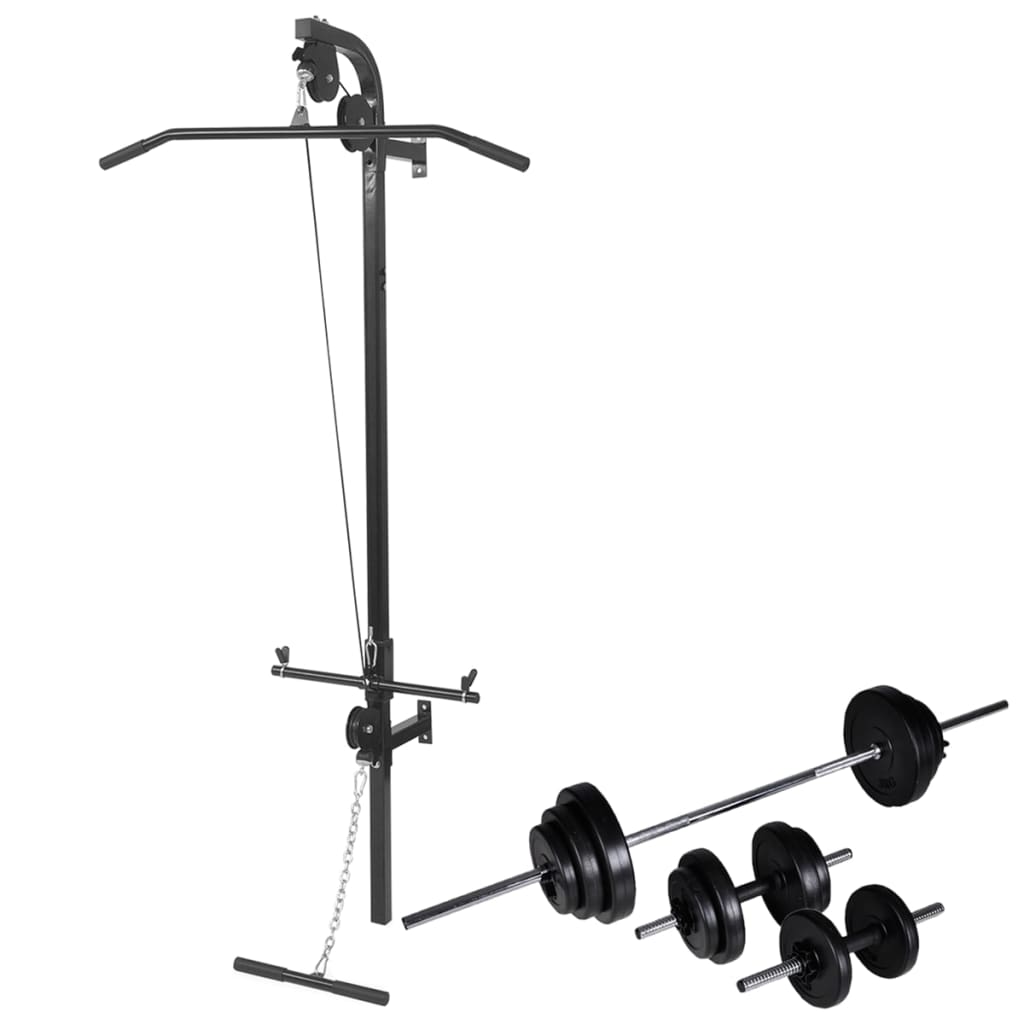 Wall-mounted Power Tower with Barbell and Dumbbell Set 30.5kg Home Gym