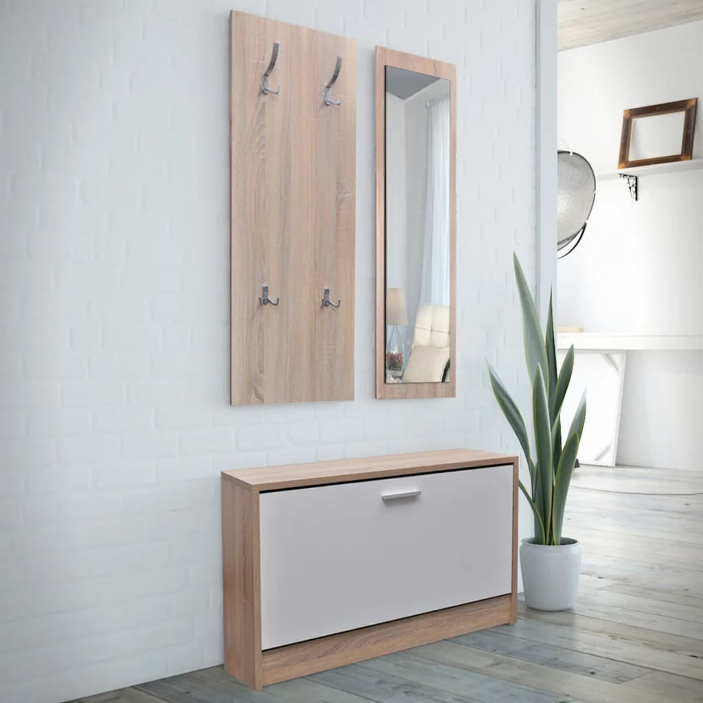 Oak and White 3-in-1 Wooden Shoe Cabinet Set vidaXL
