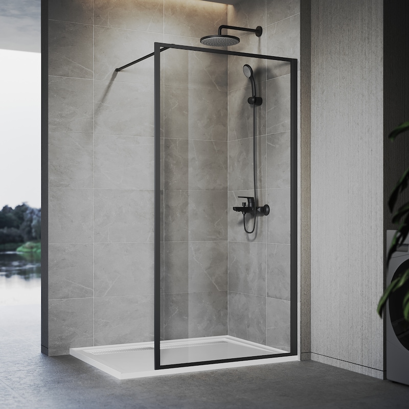 Buy ELEGANT 1000x1900mm Walk-In Shower Screen Black Frame Fixed Panel ...