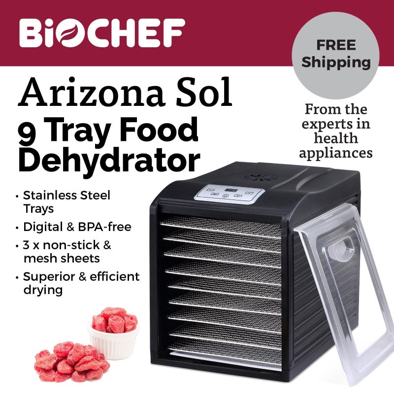 BioChef Arizona Sol 9 Tray Food Dehydrator with Digital Display, Stainless Steel