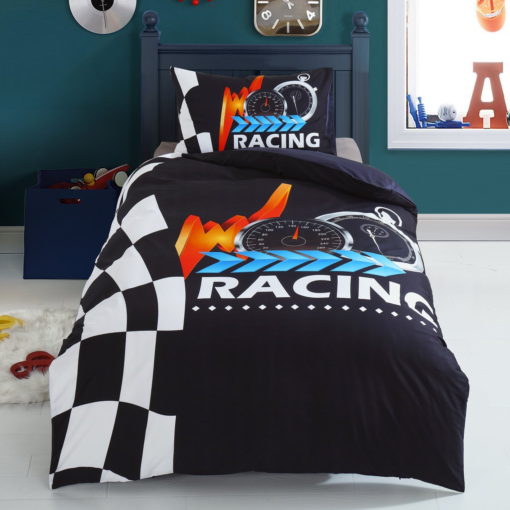 Single Size Kids Cotton Bedding Quilt Cover with Pillow Case - Racing Clock